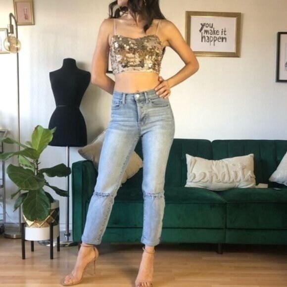 Champagne Color Crop Top w/ Sequence Adjustable Straps Festival Knight Out Top - Picture 2 of 6